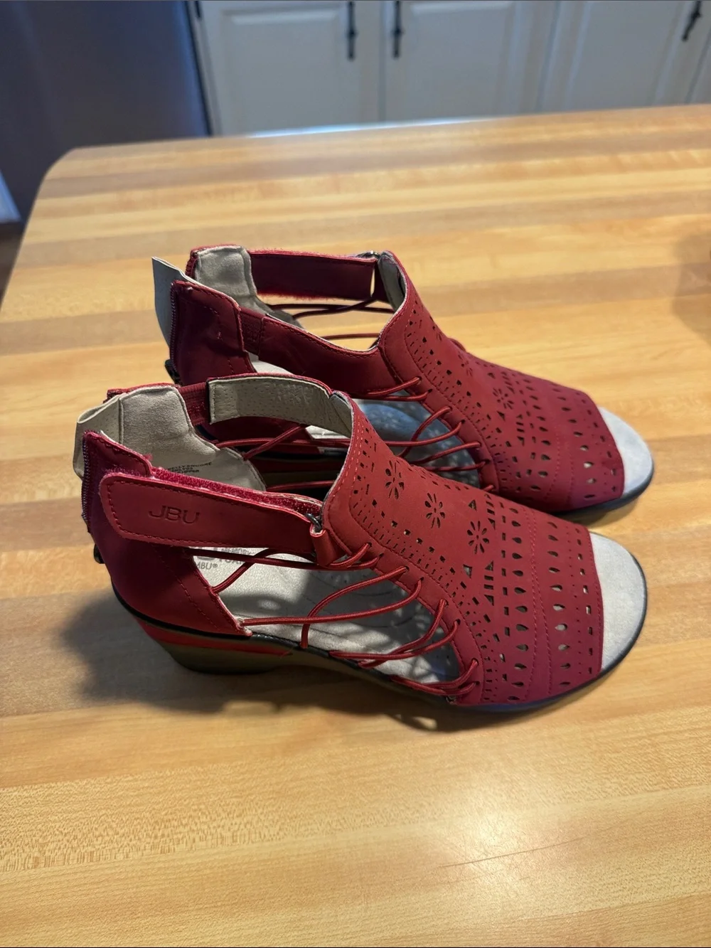 JBU Red Laser-Cut Peep-Toe Lace-Up Sandals - Picture 2 of 6